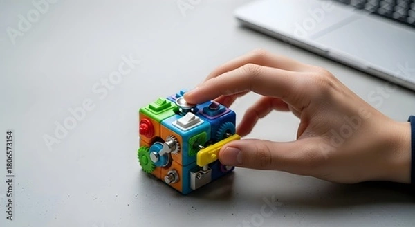 Fototapeta A persons hand interacting with a colorful fidget cube on a desk near a laptop.