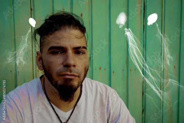 Obraz Troubled adult male facing ghostlike entities and deep psychological distress