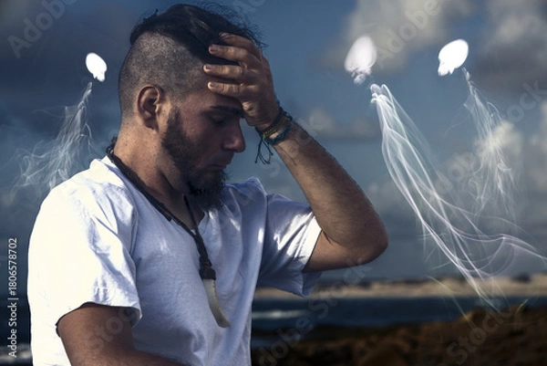 Obraz Troubled adult male overwhelmed by surrounding ghostlike entities