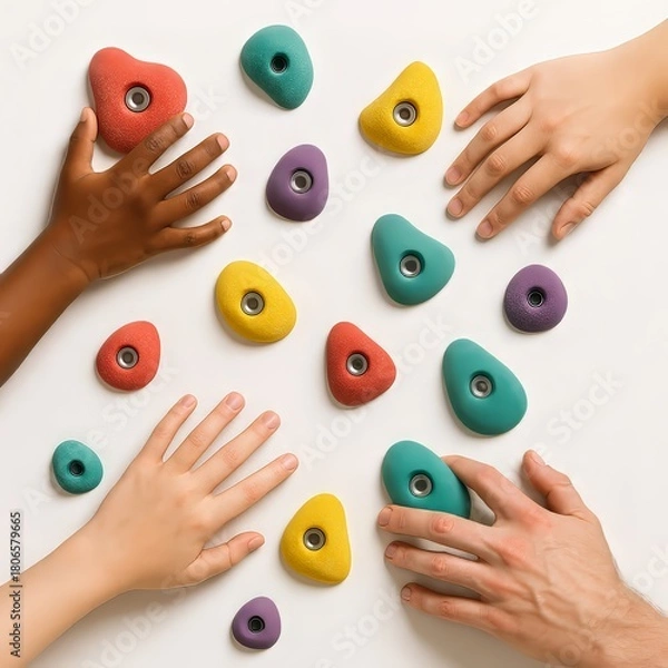 Fototapeta Diverse hands reaching for colorful climbing holds on white background, teamwork and family indoor sports activity