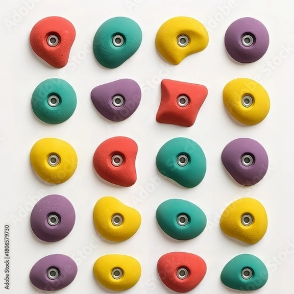 Fototapeta Set of colorful climbing holds arranged in rows on white background, studio flat lay for route setting and training
