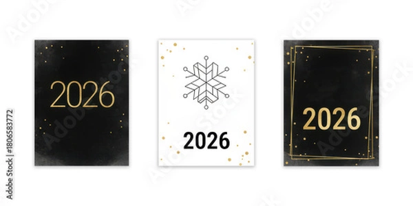 Fototapeta Elegant New Year 2026 designs with gold accents on dark and white backgrounds