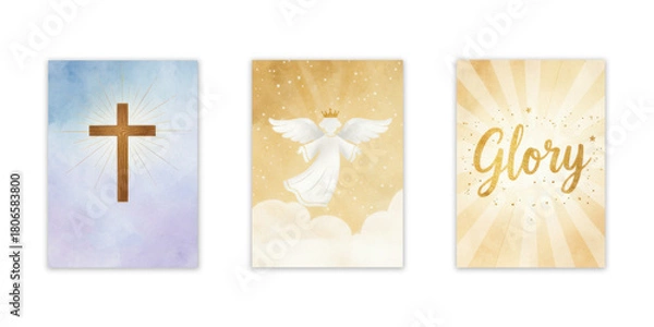 Fototapeta Religious spiritual designs with cross, angel, and word "Glory" on celestial backgrounds