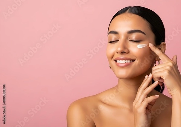 Obraz Smiling Beautiful Woman Applying Under Eye Cream on Pink Background