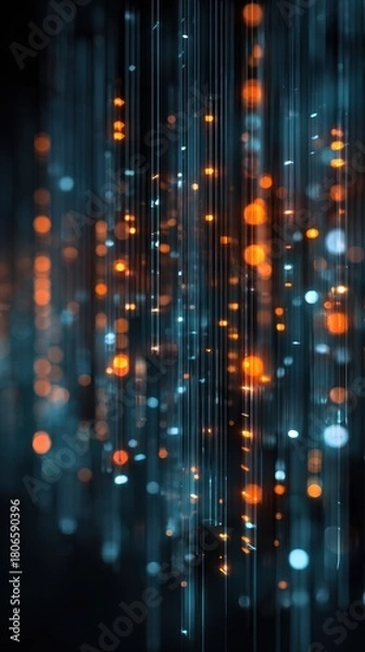 Fototapeta Dynamic Digital Data Stream - Glowing Orange and Blue Particles and Vertical Lines.