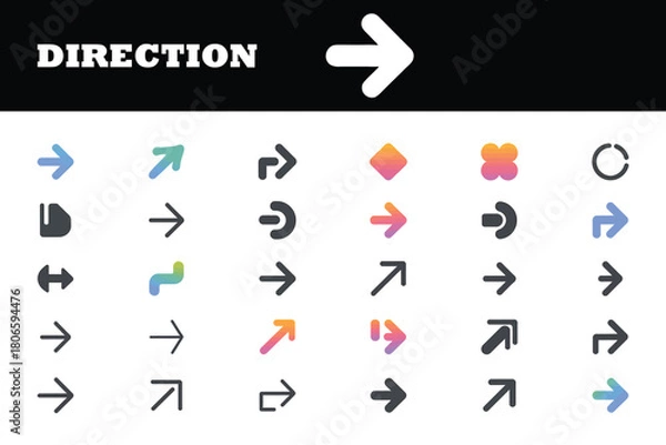 Fototapeta Dynamic arrow collection for navigation and design projects, diverse shapes and colors, pointing the way with modern, eye-catching directional elements