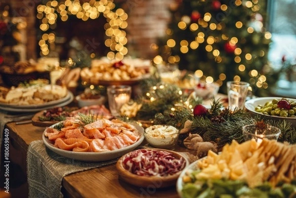 Obraz Christmas table set for holiday feast dinner