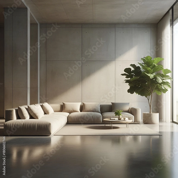 Obraz Minimalist Living Room Interior with Reflective Polished Concrete Floors, Modern Furniture, and Natural Light