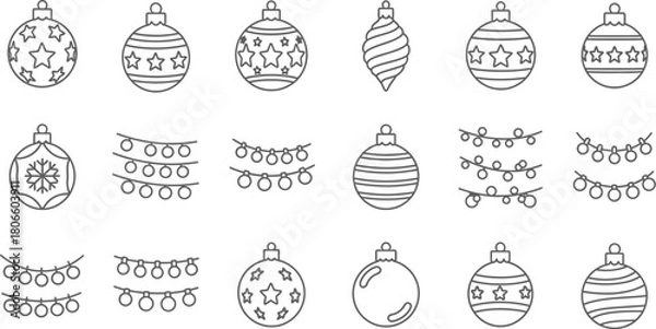 Fototapeta Set of 20 different christmas ornaments in black and white line art style