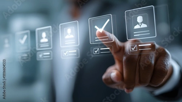 Fototapeta Hand pressing digital login button on transparent interface during secure authentication