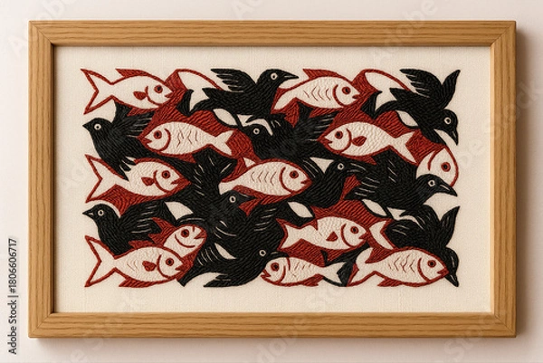 Fototapeta - Fish embroidery art with red and black fish on fabric in wooden frame