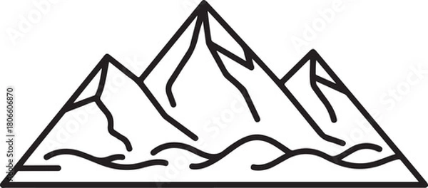 Fototapeta Outline drawing of jagged mountain range peaks with stylized snow and wavy water line at base on transparent background