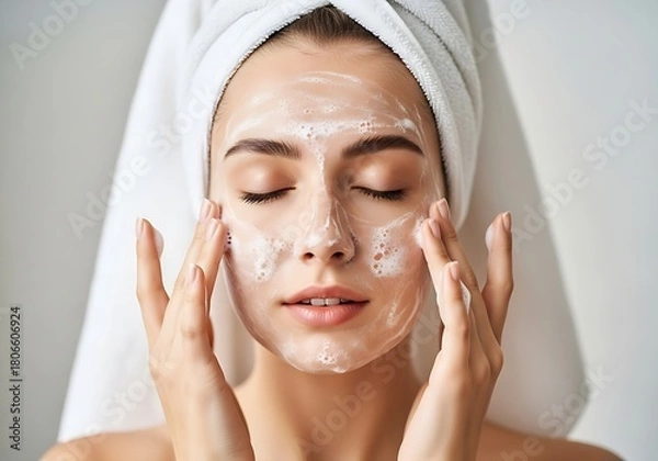 Obraz Close-up of Woman Cleansing Face with Foaming Wash and Towel