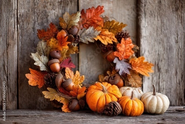 Obraz Autumnal Wreath with Pumpkins and Acorns on Rustic Wood.