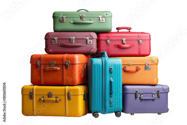 Obraz Stack of colorful vintage suitcases, upright teal modern suitcase