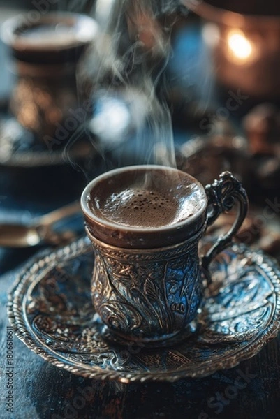 Obraz Steaming Turkish Coffee in Ornate Silver Cup and Saucer, Warm Light.