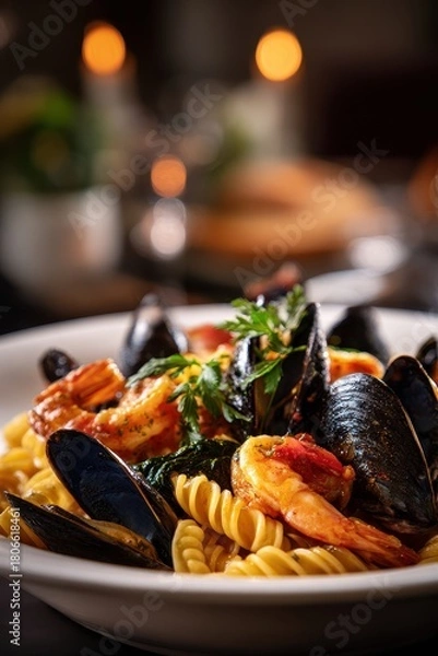 Fototapeta Gourmet Seafood Fusilli with Mussels and Shrimp in a Romantic Restaurant Setting.