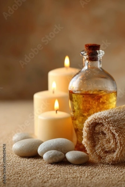 Fototapeta Serene Spa Still Life - Lit Candles, Aromatherapy Oil, and Relaxing Stones.