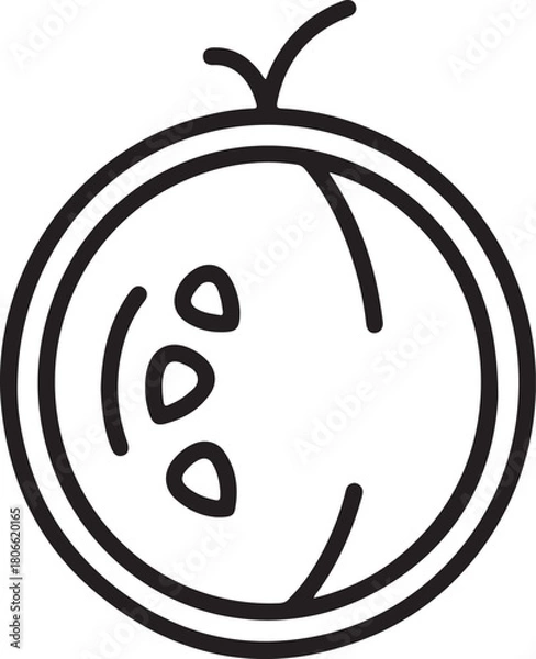 Fototapeta Minimalist line drawing of whole fruit resembling a coconut or melon with seeds and stem on top