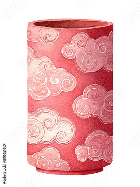 Obraz Coral cylindrical vase adorned with stylized white cloud pattern