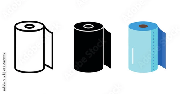 Fototapeta Three kitchen paper towel roll icons in black, white, and blue