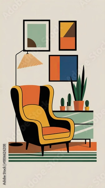Fototapeta Mid-century modern living room illustration in warm colors -