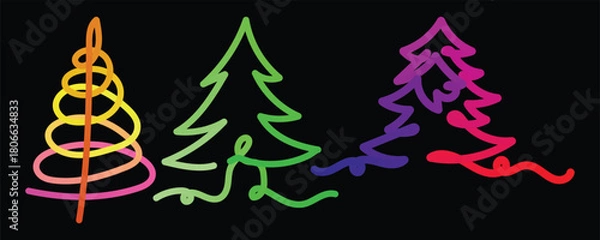 Fototapeta Neon Twirl Christmas Set, Vibrant Night Tree Trio, Color Glow Holiday Pines