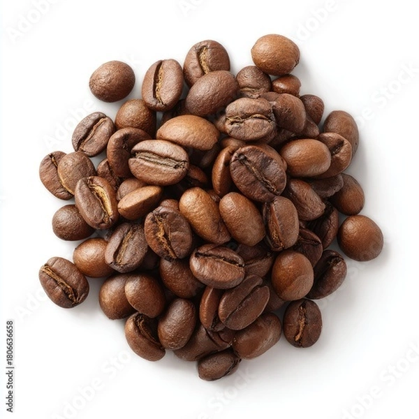 Fototapeta Roasted coffee beans clustered together, top view