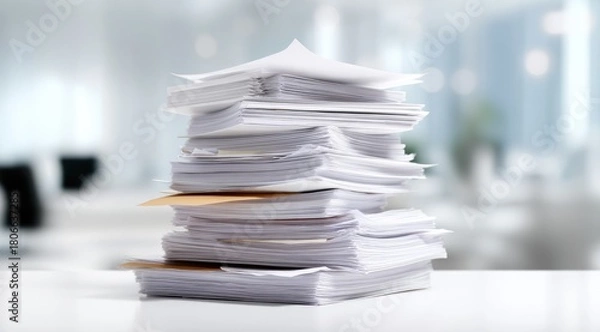 Fototapeta High stack of white papers on a table.  Blurred office background
