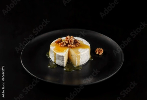 Fototapeta Baked Camembert with Honey and Walnuts on Black Plate