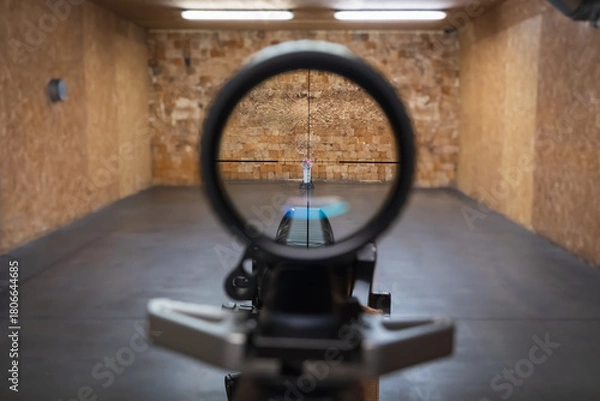 Fototapeta First person view looking through a rifle optical sight aiming at a metal popper target at an indoor shooting range