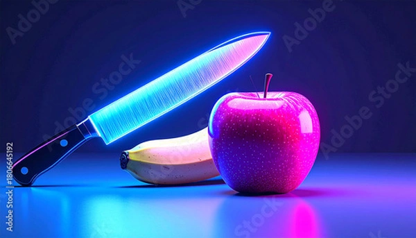 Fototapeta Vibrant neon-style illustration of an apple, banana, and knife, blending bold colors with modern surreal energy. Ideal for edgy food concepts, contemporary design, and striking visual themes.