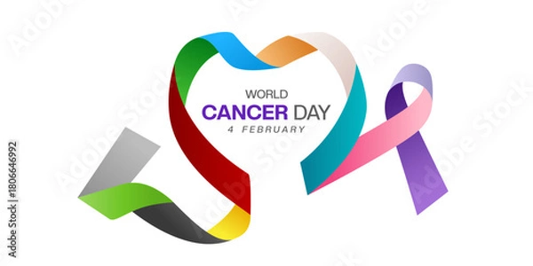 Fototapeta February 4 is World Cancer Day. Heart shape ribbon and colours. Suitable for posters, banners and social media. White background.