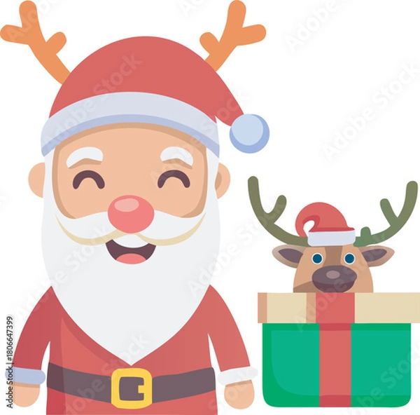 Obraz Smiling Santa Claus Icon Wearing Reindeer Antlers on Hat, Standing Beside Gift Box with Mini-Hat Reindeer, Flat Christmas Graphic