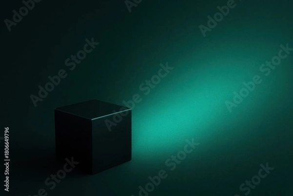 Fototapeta Dark metallic cube in lower left corner on emerald green gradient background with soft grain and subtle glow premium abstract 3D tech composition clean space for text modern digital visual