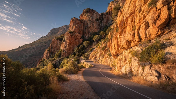 Fototapeta Winding road cutting through rocky cliffs under a clear sky with scattered clouds above
