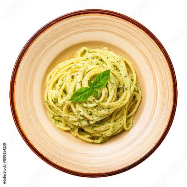 Obraz Pesto pasta long noodles with green sauce, basil garnish, on tan dish