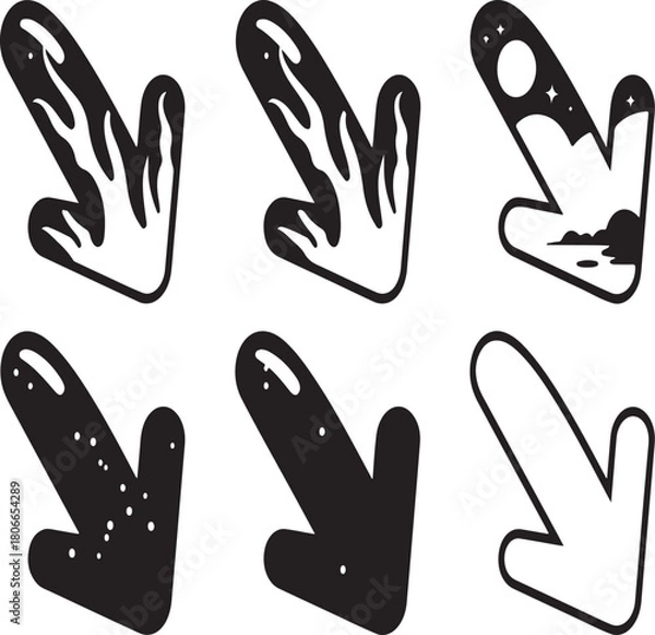 Obraz Six hand drawn doodle arrows pointing down right with rough chalk-like texture for indicating direction