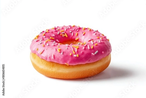 Fototapeta Single Doughnut with Pink Icing and Colorful Sprinkles on a White Background