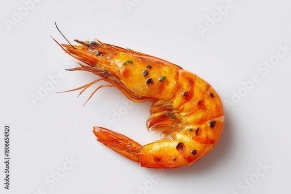 Obraz Single Grilled Shrimp on White Background with Orange Charred Highlights and Fresh Detail