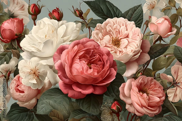 Fototapeta Looping vector pattern depicting romantic pink rose blossoms floating over a modifiable background, crafted in classic antique hand-painted botanical