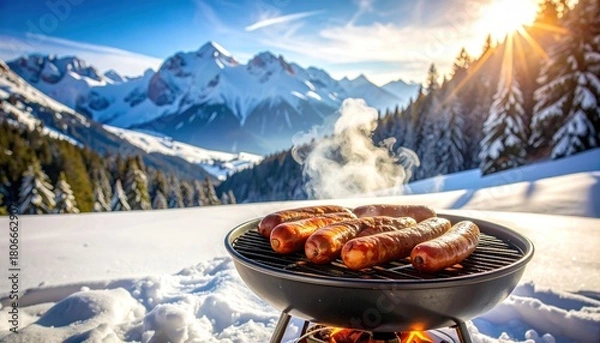 Fototapeta A hot barbecue with sizzling sausages provides delicious warmth in a beautiful snowy mountain landscape under a bright winter sun