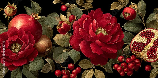 Obraz Seamless botanical vector artwork showing pomegranates, red floral blooms, and mixed berries on a variable backdrop, created in classic vintage hand-painted illustration