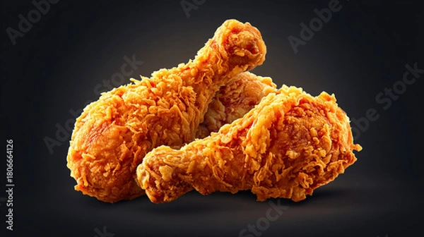 Fototapeta Close up of two golden brown crispy fried chicken legs stacked on a dark background