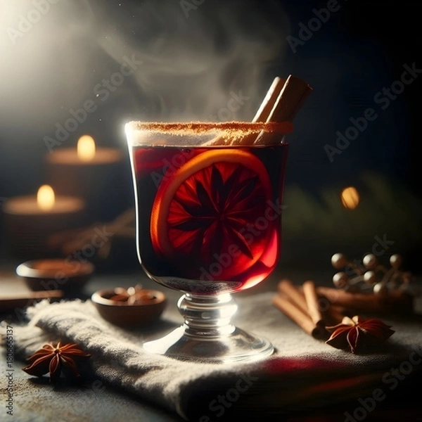 Fototapeta The warmth of a cozy Christmas: Winter mulled wine with cinnamon and orange. AI Generated, Generative AI