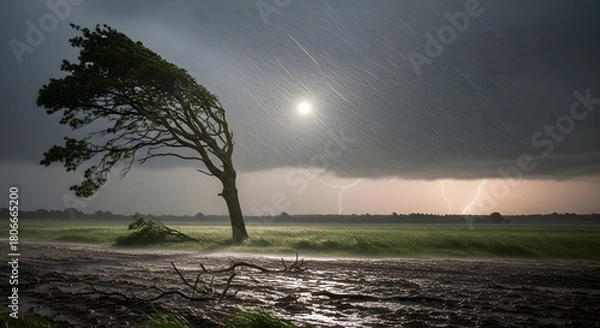 Fototapeta Tree standing in flooded field during storm at sunset