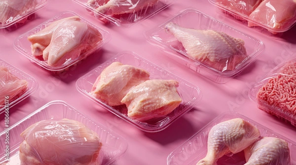 Fototapeta Assortment of raw chicken pieces and ground meat in plastic packaging on pink surface