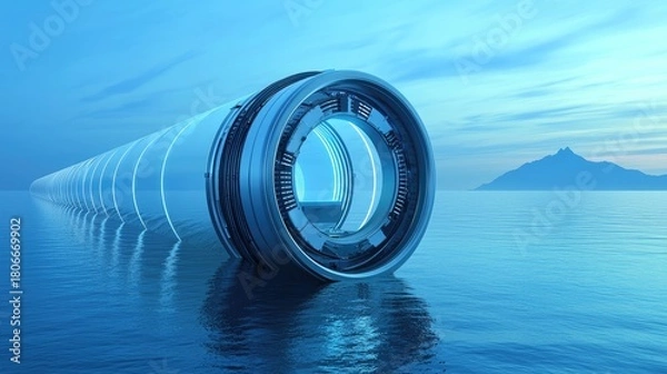 Fototapeta Futuristic, cylindrical structure extending across a tranquil body of water.
