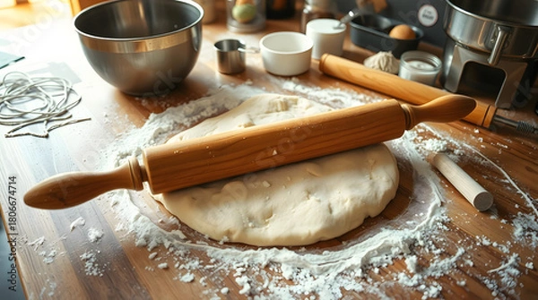 Fototapeta A bustling baker's table where work is in full swing, with a thick layer of white flour scattered across its wooden surface, a long wooden rolling pin laying on top of a large mound of unset dough