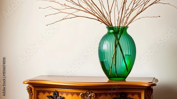 Fototapeta A stunning transparent green glass vase with an elegant curved shape and subtle ridges, filled with an arrangement of delicate dried branches in varying shades of beige and brown